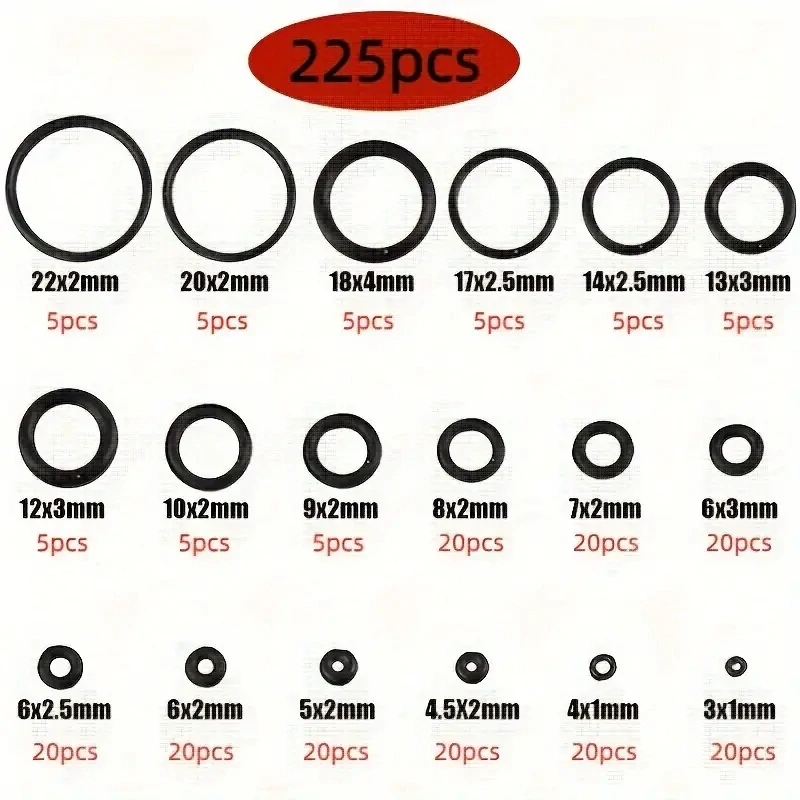 225 kusů SADA TĚSNĚNÍ pryžových kroužků -těsnění. 18 velikostí